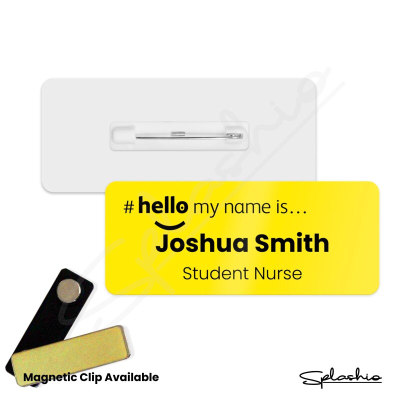 Hello My Name is Badge Yellow Personalised Premium Durable Name Badge & Chrome ID Reel #hello mynameis Name Badge, Nurse Bages, Name Badges - Standard Name Badge - Safety Pin Standard