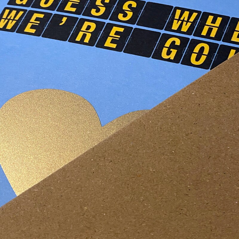 Scratch off and reveal card: Holiday, vacation, surprise destination in a choice of colours, any destination, airport departure board design - Blue - Gold