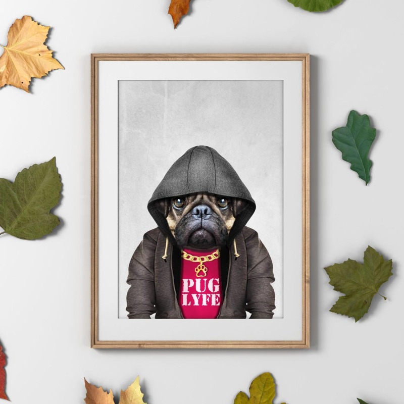 Pug dog in clothes, animal print, wall art - A5 - Glossy - Blue
