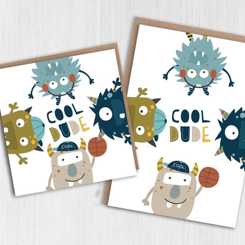 Cool dude monsters birthday card for children, child, kid, boy, girl, niece, nephew, grandson, granddaughter (Size A6/A5/A4/Square 6x6") - A6: Single card