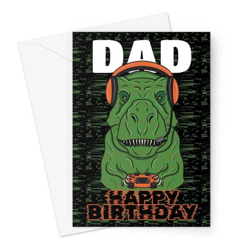 Gaming Dad Birthday Card, Funny Dinosaur - A5 Portrait - 1 Card