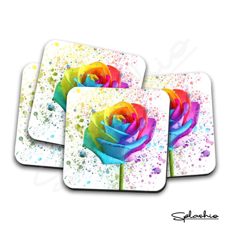 Coaster RAINBOW ROSE Splatter Art Print, High Gloss Coaster, Splash Art, Kids Room Custom Art Work Colourful Rose Art Personalised Coaster - Single Coaster