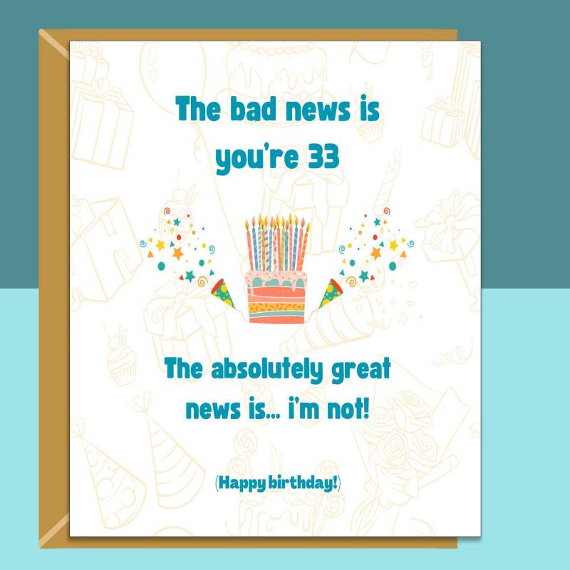 Funny 33rd Birthday Card Personalised - For Him or For Her - For brother, sister, friend, or anyone else turning 33 years old - Blank inside - Large