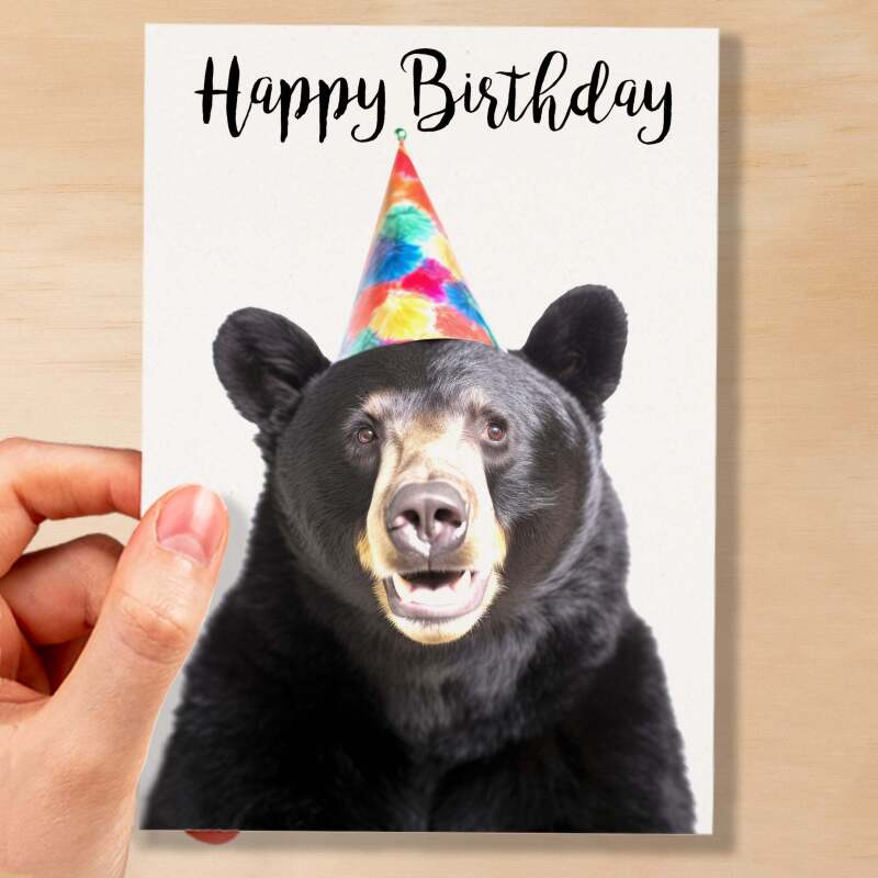 Birthday Card For Him or Her Fun Birthday Card of A Black Bear Happy Birthday Card For Mum, Dad, Sister Brother - Small (4x6) / Blank Message