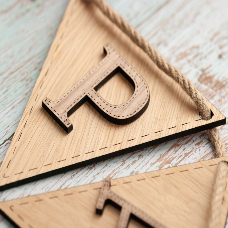 Personalised bunting with wooden letters for nursery decor. Name bunting. Wooden name sign. Wooden lettering. Wooden letters for wall - 1 letter - Oak flg/Walnut ltr