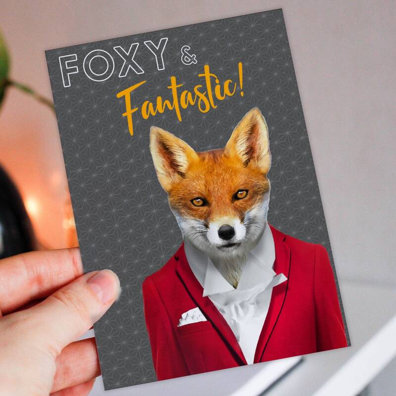 Foxy and fantastic cute fox, animal in clothes Valentine’s Day card for wife, husband, partner (Animalyser) (Size A6/A5/A4/Square 6x6") - A6: Single card