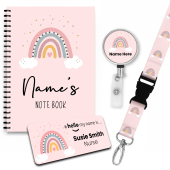 Gift Set Hello My name is, Pink Rainbow Badge, Lanyard, Book & Badge Reel