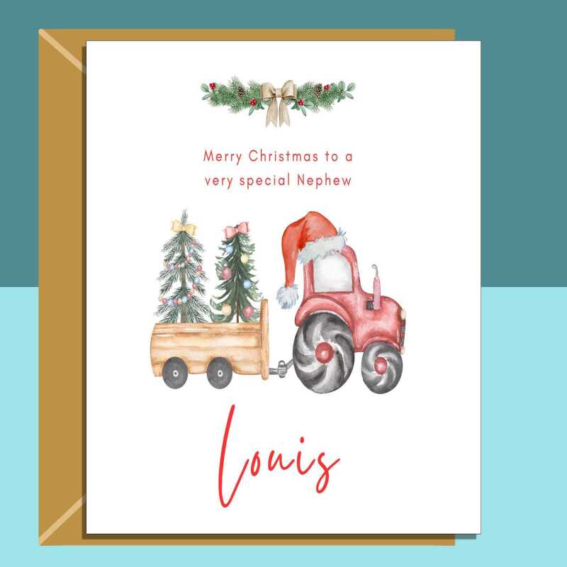 Nephew Tractor Christmas Card - Personalised - Custom Xmas Card for Nephew - Santa and Tractors - Blank inside - Regular - Matte