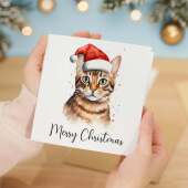 Fun Christmas Card of a Bengal Cat Wearing A Santa Hat Whimsical Watercolour Christmas Card For Animal Lover For Him or Her