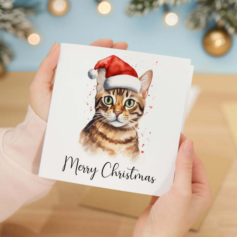 Fun Christmas Card of a Bengal Cat Wearing A Santa Hat Whimsical Watercolour Christmas Card For Animal Lover For Him or Her - Square (5.5x5.5) / Blank Inside