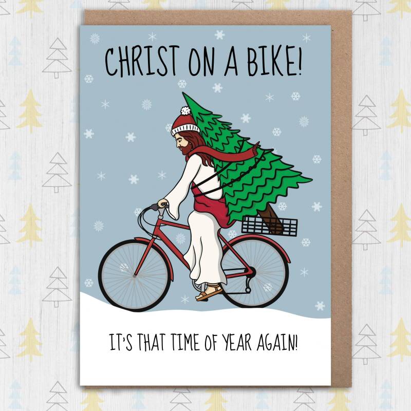 Christ on a Bike funny, rude, offensive, anti-religious, blasphemous Christmas, festive, holidays, Xmas card (Size A6/A5/A4/Square 6x6") - A6: Single card