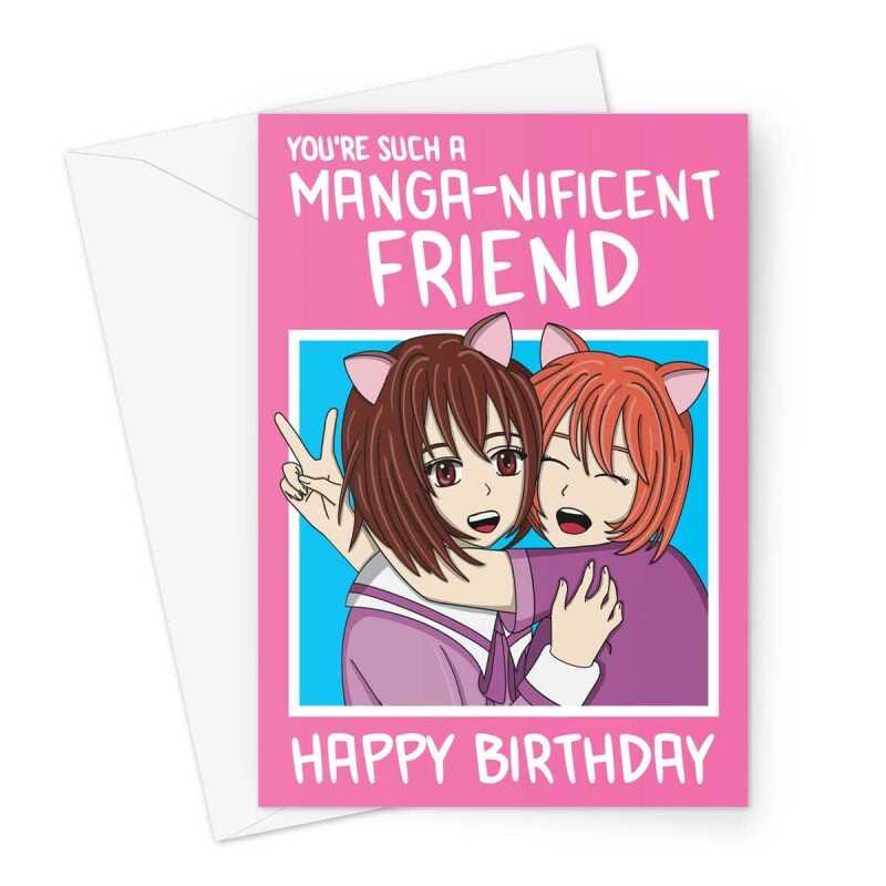 Happy Birthday Card For Friend - Manga Girls Hugging -  A5 Greeting Card - A5 Portrait - 1 Card