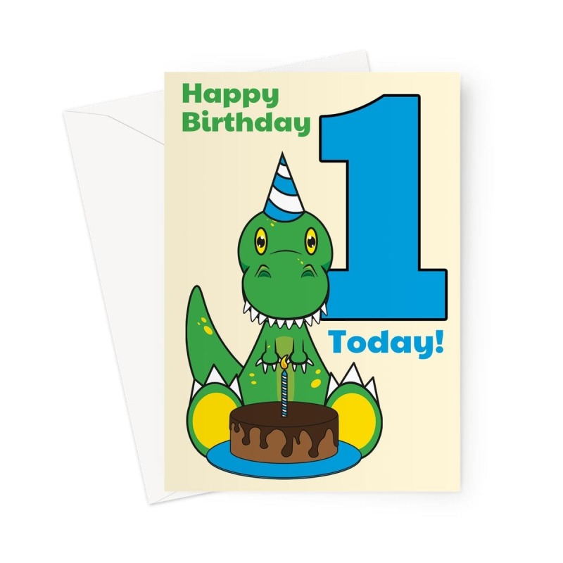 1st Birthday Card For A Boy - Cartoon Dinosaur - A5 Portrait - 1 Card