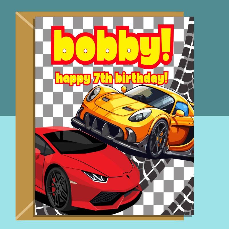 7th birthday card - Cars - Personalised - For Him or Her - 7 Year Old Son, Nephew, Grandson, Friend, Niece, Daughter, Granddaughter - Blank inside - Large