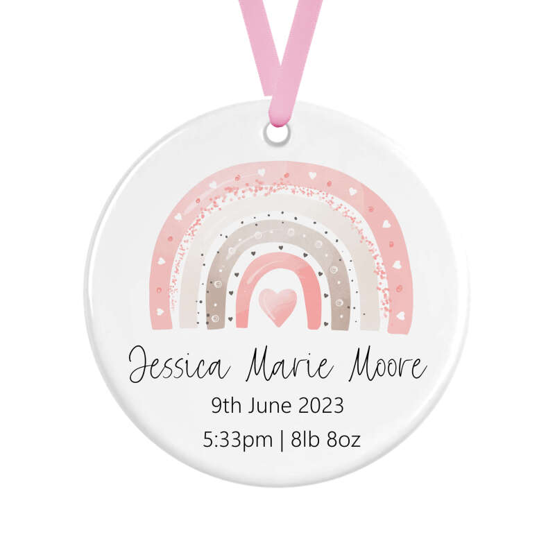 Personalised New Baby Ceramic Decoration - Pink Boho Rainbow