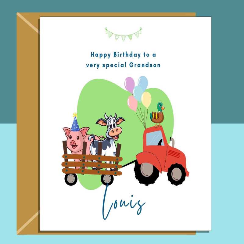 Grandson Tractor Birthday Card Personalised - Customised Farm Card - ideal for 1 year old, 2nd birthday, 3rd birthday, or any other age. - Blank inside - Regular - Matte Card