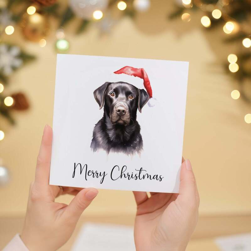 Fun Christmas Card of a Labrador Dog Wearing A Santa Hat Whimsical Watercolour Christmas Card For Animal Lover For Him or Her - Square (5.5x5.5) / Blank Inside