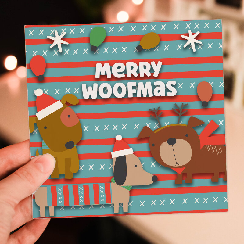 Merry Woofmas funny, cute dog, puppy, doggy, pet, dog owner, lover Christmas, holidays, festive card (Size A6/A5/A4/Square 6x6") - A6: Single card