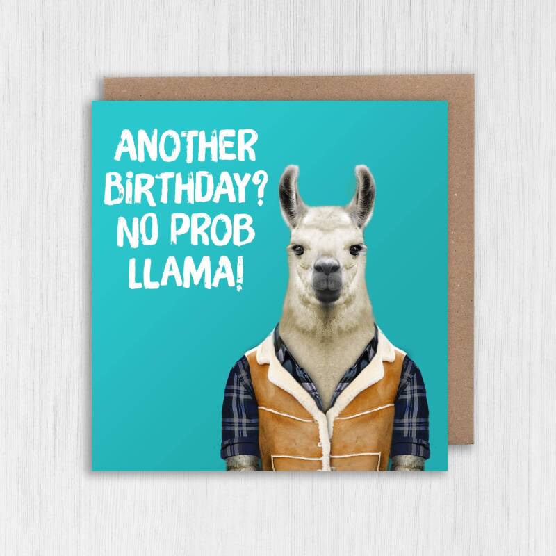 Another birthday? No prob llama funny animal in clothes birthday card for old man, lady, person (Animalyser) (Size A6/A5/A4/Square 6x6") - A6: Single card