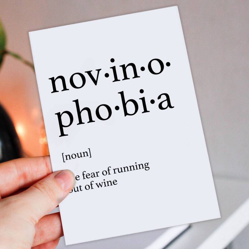 Dictionary definition of novinophobia, fear of running out of wine, alcohol theme birthday card for male, female (Size A6/A5/A4/Square 6x6") - A6: Single card