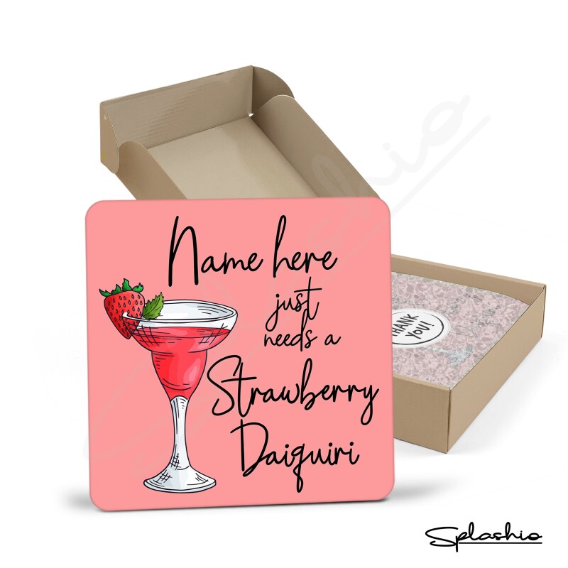 STRAWBERRY DAIQUIRI Set of 4 Coasters Cocktail Coasters, Personalised, Fathers Day gift, Secret Santa, Birthday Gift, Home Bar. Cocktails