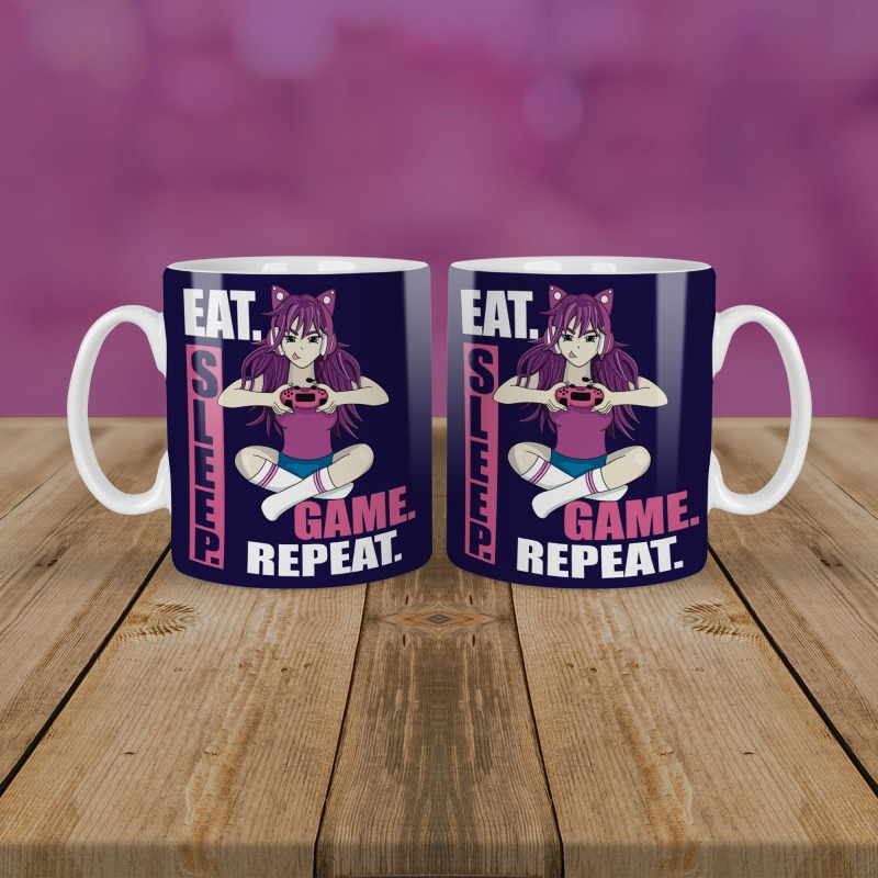 Gamer Girl Mug, Eat Sleep Game Repeat - 11oz - White