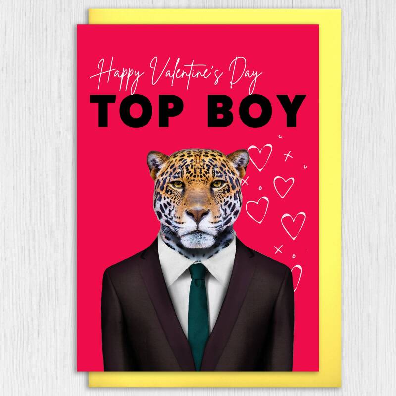 Happy Valentine's Day Top Boy Jaguar animal in clothes card for boyfriend, husband, male partner (Animalyser) Size A6/A5/A4/Square - A6: Single card