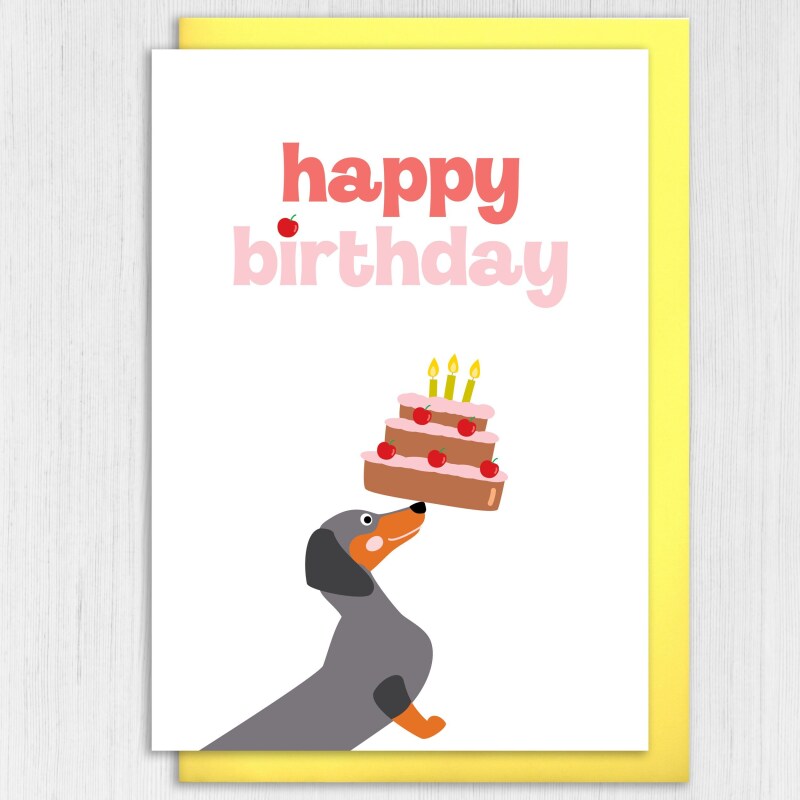 Dachshund dog balancing cake birthday card for dog lover, dog owner, dog mum, dog mom, dog dad, pet dog (Size A6/A5/A4/Square 6x6") - A6: Single card