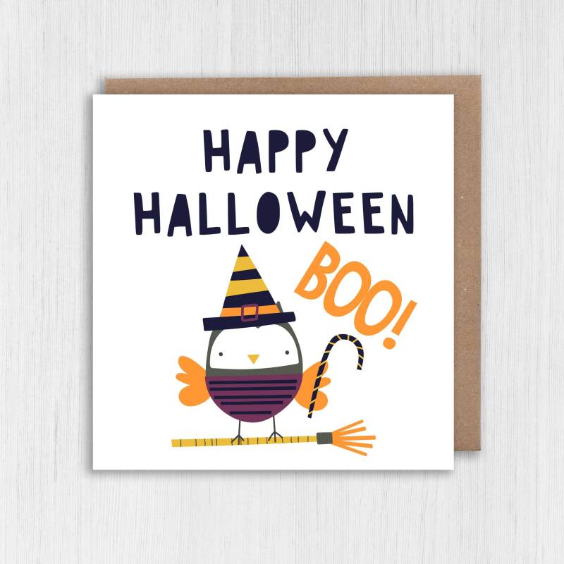 Trick or treat owl, spooky, witch, boo cute Happy Halloween card for children, kids, adults, all ages (Size A6/A5/A4/Square 6x6") - A6: Single card