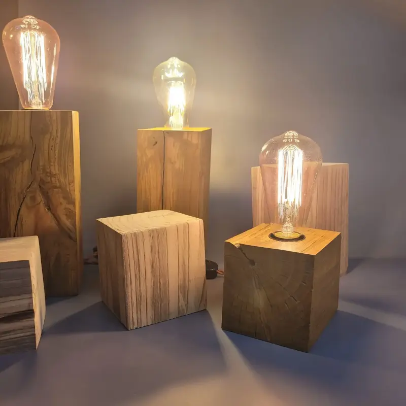 Buy 2 different size's get 3rd Free any size !! Edison Filament Bulbs in Wooden Block Bases, Rustic & Industrial Design, Natural Wood Unique Medium - Small