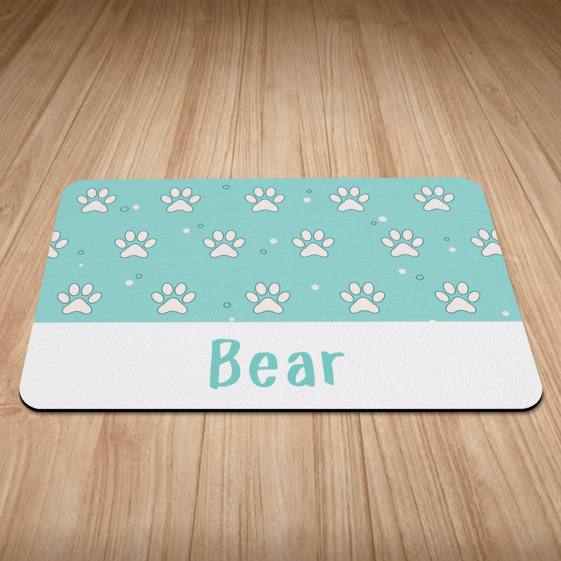 Personalised Aqua Paws & Polkadots Puppy/Dog Bowl Mat