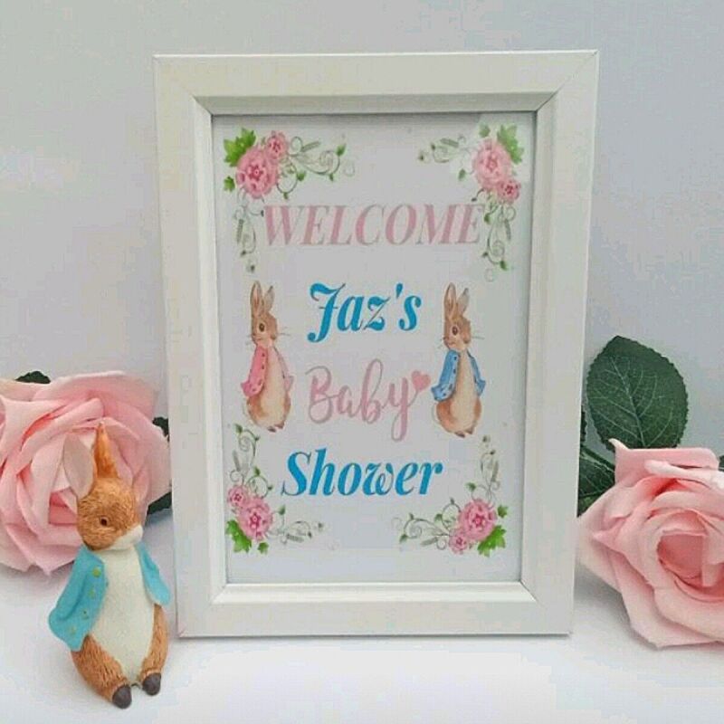 Personalised Peter Rabbit Baby Shower Sign, Flopsy Bunny Baby Shower Sign - 6"x4" Print only