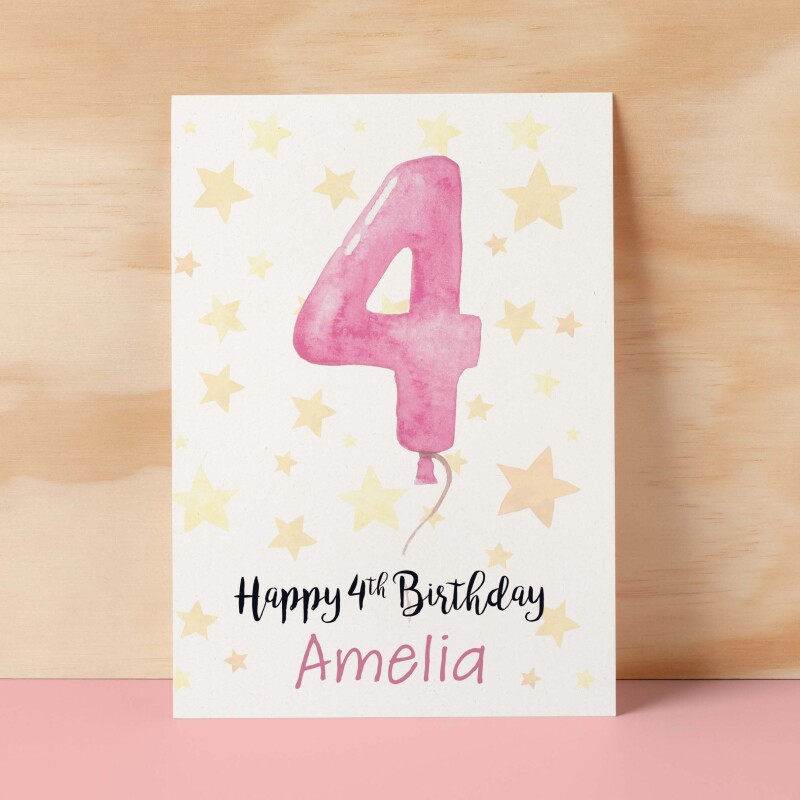 Personalised 4th Birthday Card For Girl Custom Name Card For Girl Forth Birthday Card For Child Birthday Card for Girl Custom 4th Birthday - Small (4x6) / Blank Message