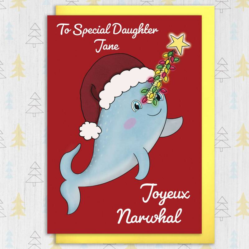 Joyeux Narwhal personalised cute whale Christmas, holidays, Xmas, festive card for child, son, daughter, grandchild (Size A6/A5/A4) - A6: Single card