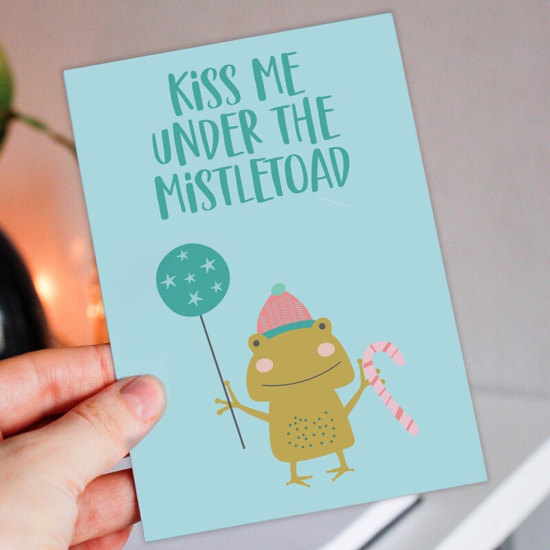 Kiss me under the mistletoad toad, mistletoe Christmas, Holidays, Xmas, festive card for wife, husband, partner (Size A6/A5/A4/Square 6x6") - A6: Single card