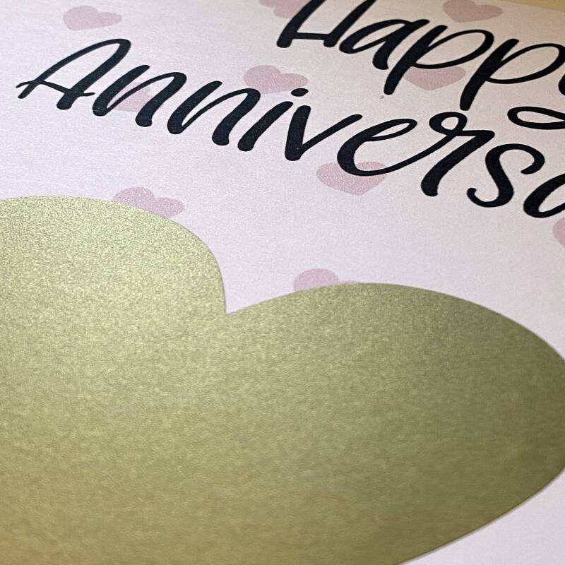 Personalised scratch off and reveal heart card: Happy Anniversary - with any message and choice of heart colour - Gold