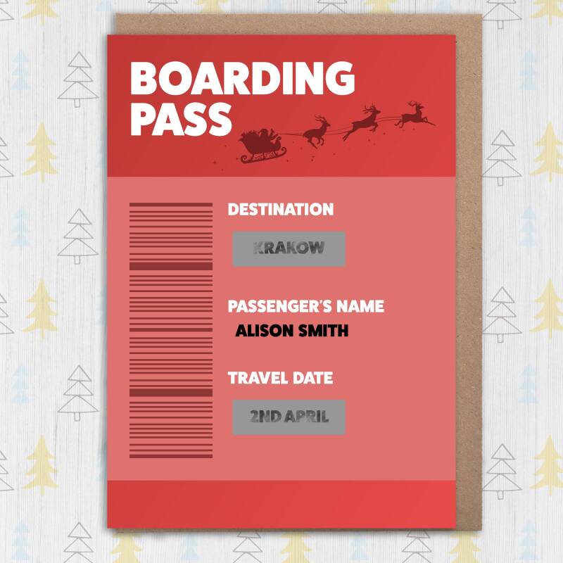 Christmas scratch off and reveal card: Holiday, vacation, surprise destination, any destination, any name, any date boarding pass design - Square: Single card