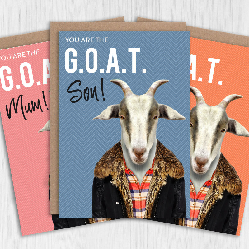 Greatest of All Time (G.O.A.T) birthday card for son, daughter, sister, brother, mum, dad (Animalyser) (Size A6/A5/A4/Square 6x6") - A6: Single card - Blue