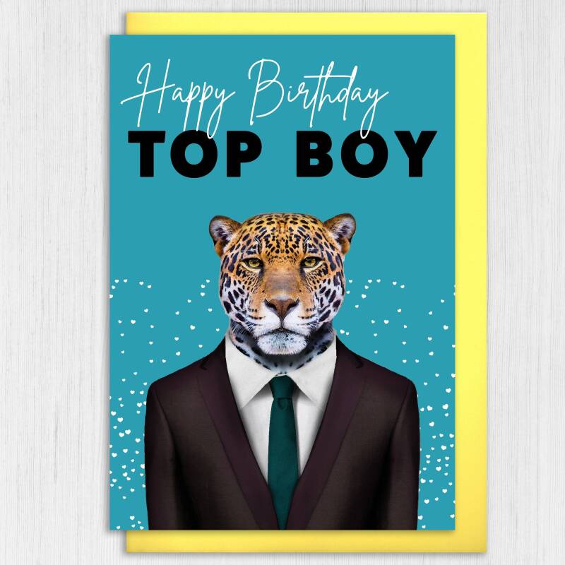 Happy Birthday Top Boy Jaguar animal in clothes card for boyfriend, husband, male, brother (Animalyser) Size A6/A5/A4/Square - A6: Single card