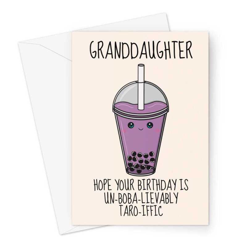 Kawaii Birthday Card For Granddaughter - Taro Bubble Tea Drink - A5 Portrait - 1 Card