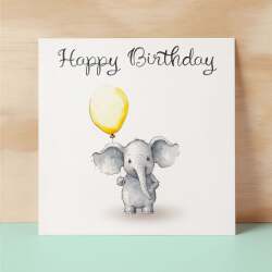 Birthday Card for Child Birthday Card For Girl of Boy Birthday Card For Her or Him Cute Elephant Birthday Card With Birthday Balloons - Square (6x6) / Blank Message