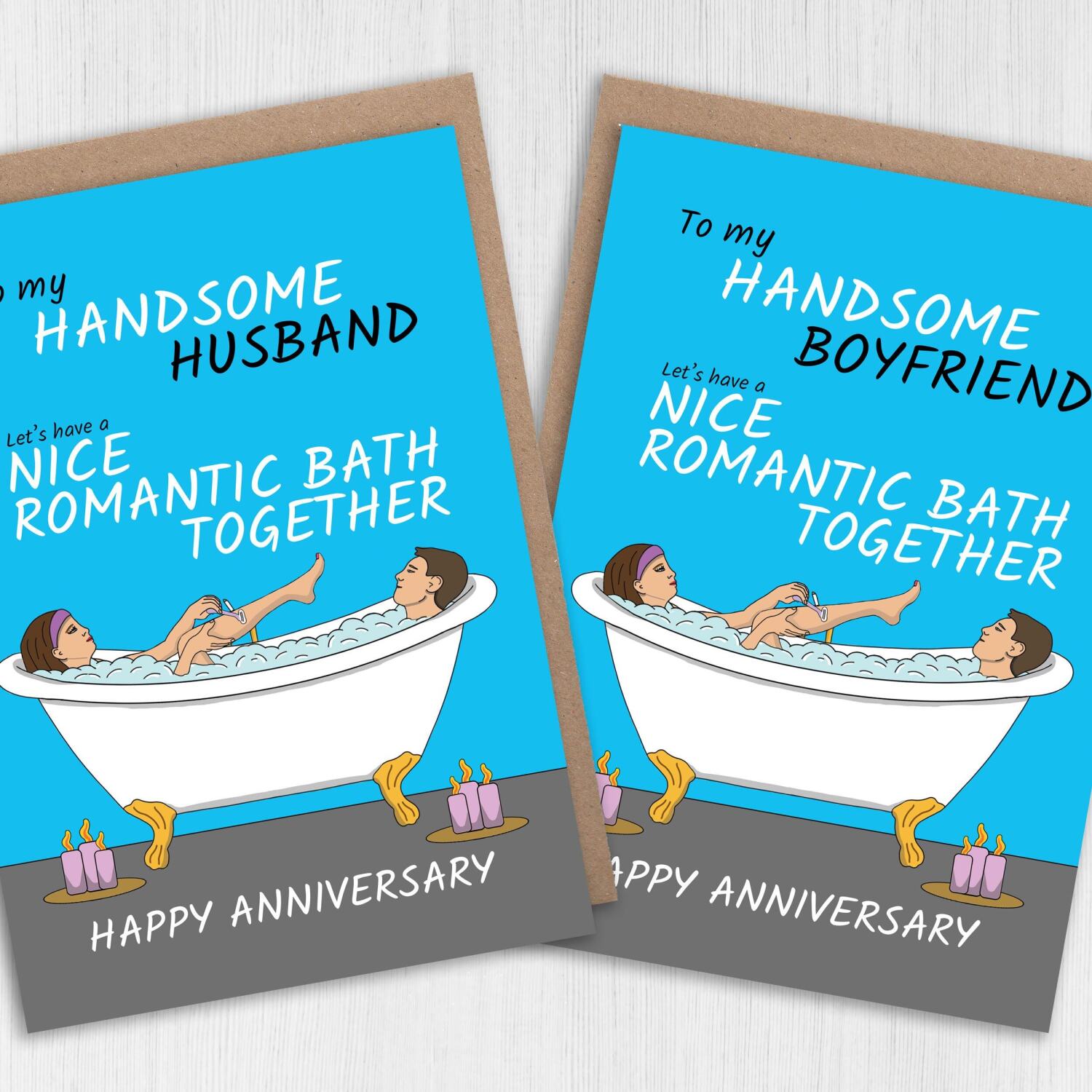 Nice romantic bath together funny husband, boyfriend, bathroom humour anniversary card from wife, girlfriend (Size A6/A5/A4/Square 6x6") - A6: Single card - Boyfriend