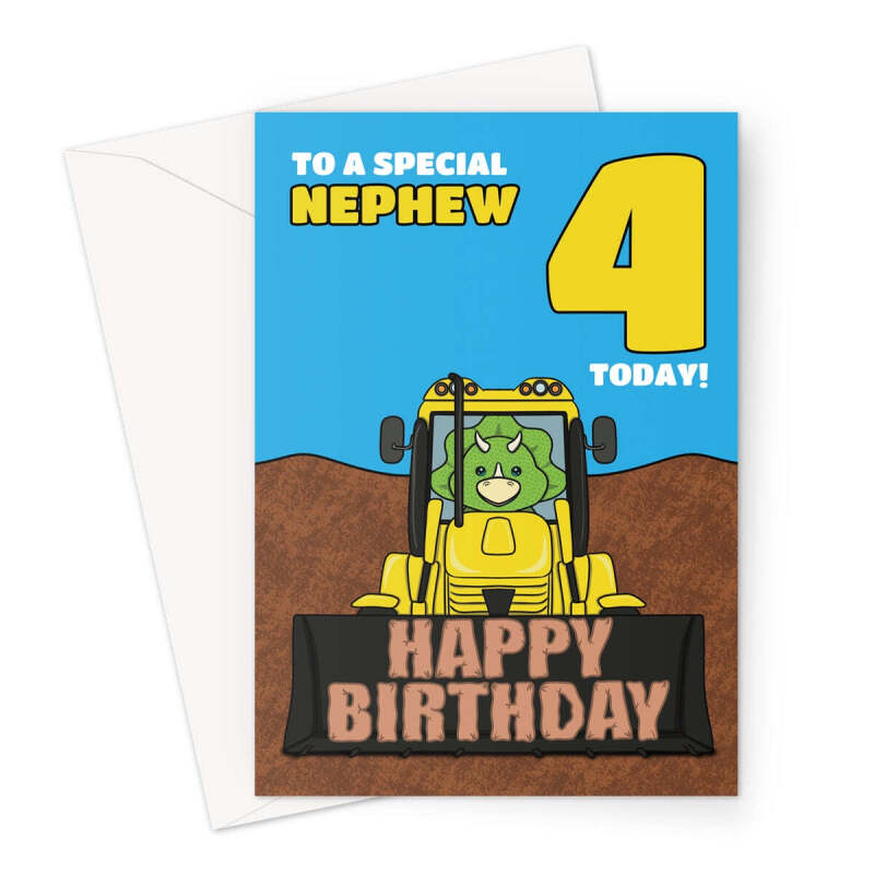 Age 4 Nephew Birthday Card - Dinosaur Digger - A5 Portrait - 1 Card