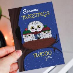 Seasons Tweetings twooo you Personalised funny owl pun Christmas card for son, daughter, grandchild, any relation, couple (Size A6/A5/A4) - A6: Single card