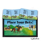 Bar Runner Mat, Horse Racing Home Bar Mat & 4 x Drinks Coasters Gift Set Garden Bar Sets / Personalised Mats Home Bar - Place Your Bets