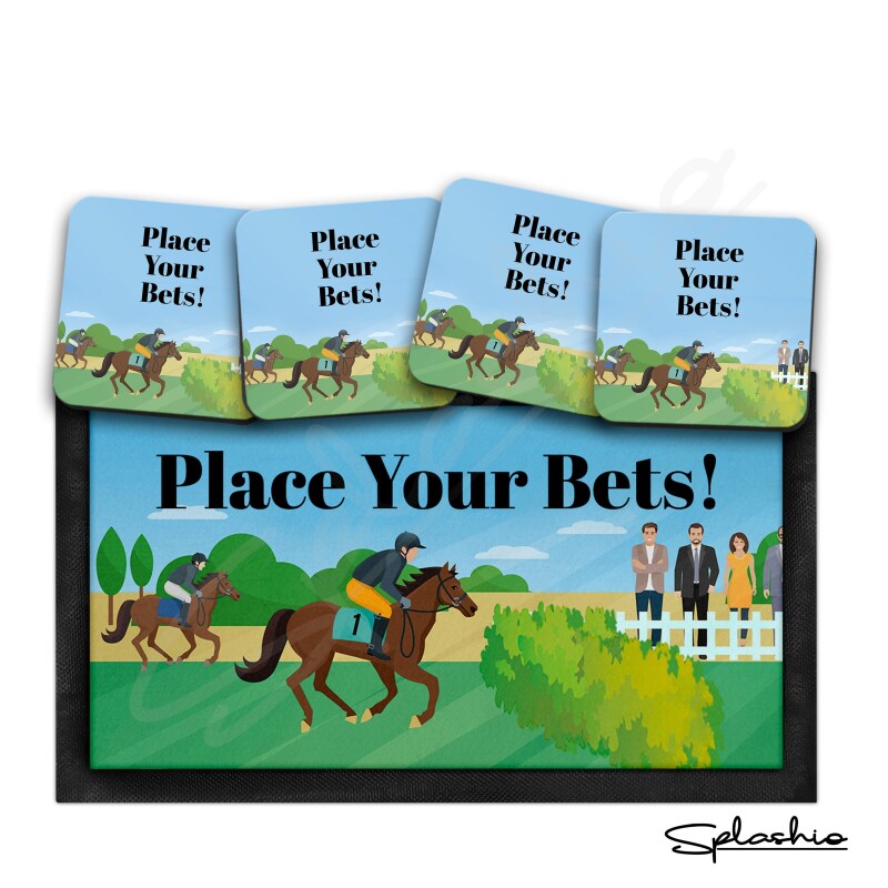 Bar Runner Mat, Horse Racing Home Bar Mat & 4 x Drinks Coasters Gift Set Garden Bar Sets / Personalised Mats Home Bar - Place Your Bets - Set of 4 Coasters