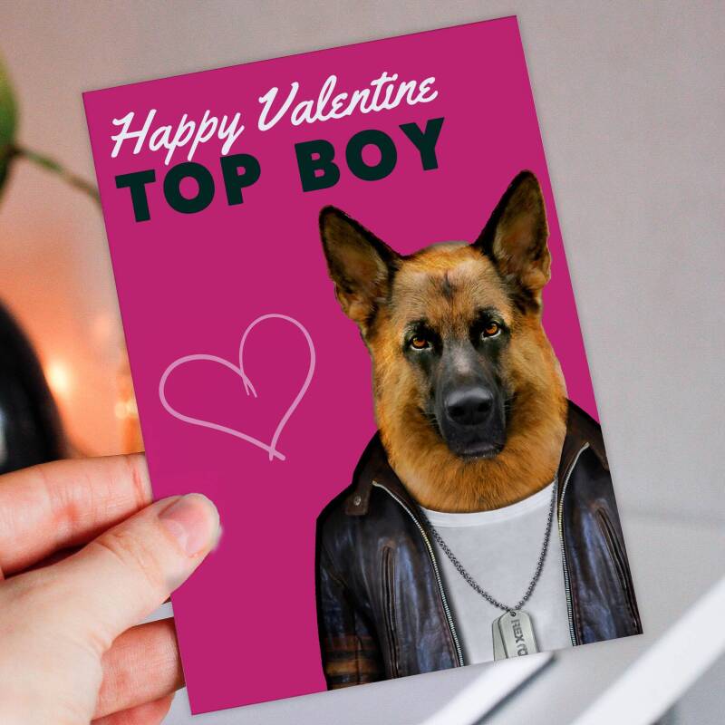 Happy Valentine Top Boy German Shepherd dog animal in clothes card for boyfriend, husband, male partner (Animalyser) Size A6/A5/A4/Square - A6: Single card