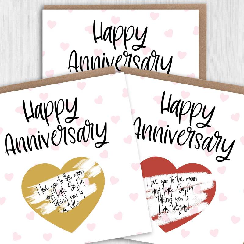 Personalised scratch off and reveal heart card: Happy Anniversary - with any message and choice of heart colour - Gold