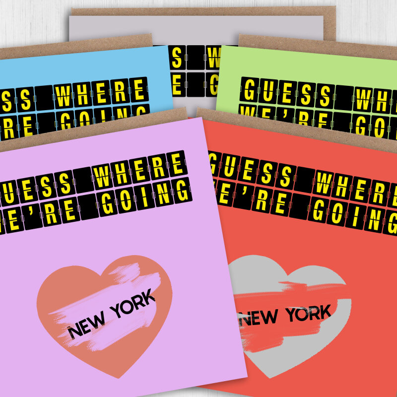 Scratch off and reveal card: Holiday, vacation, surprise destination in a choice of colours, any destination, airport departure board design - Blue - Gold