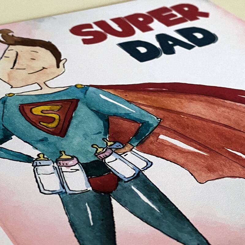 Super Dad watercolour effect superhero Father’s Day card for dad, daddy, father from son, daughter, children (Size A6/A5/A4/Square 6x6") - A6: Single card